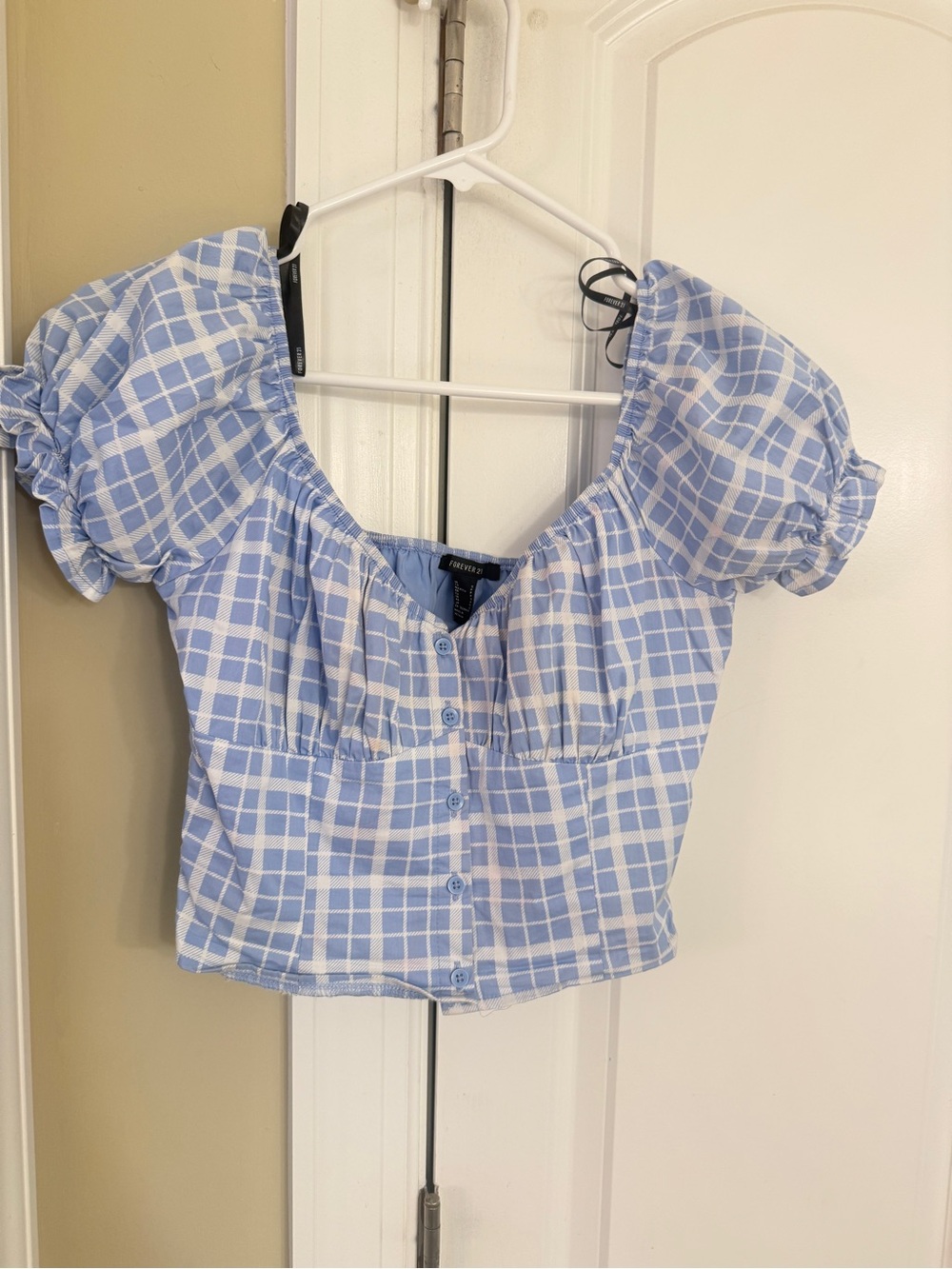 Forever 21 Light Blue Plaid Puff-Sleeve Crop Top